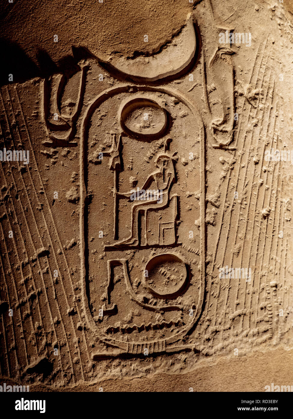 Anciens hiéroglyphes représentant des pharaons nom sur une colonne au temple de Louxor en Égypte Banque D'Images