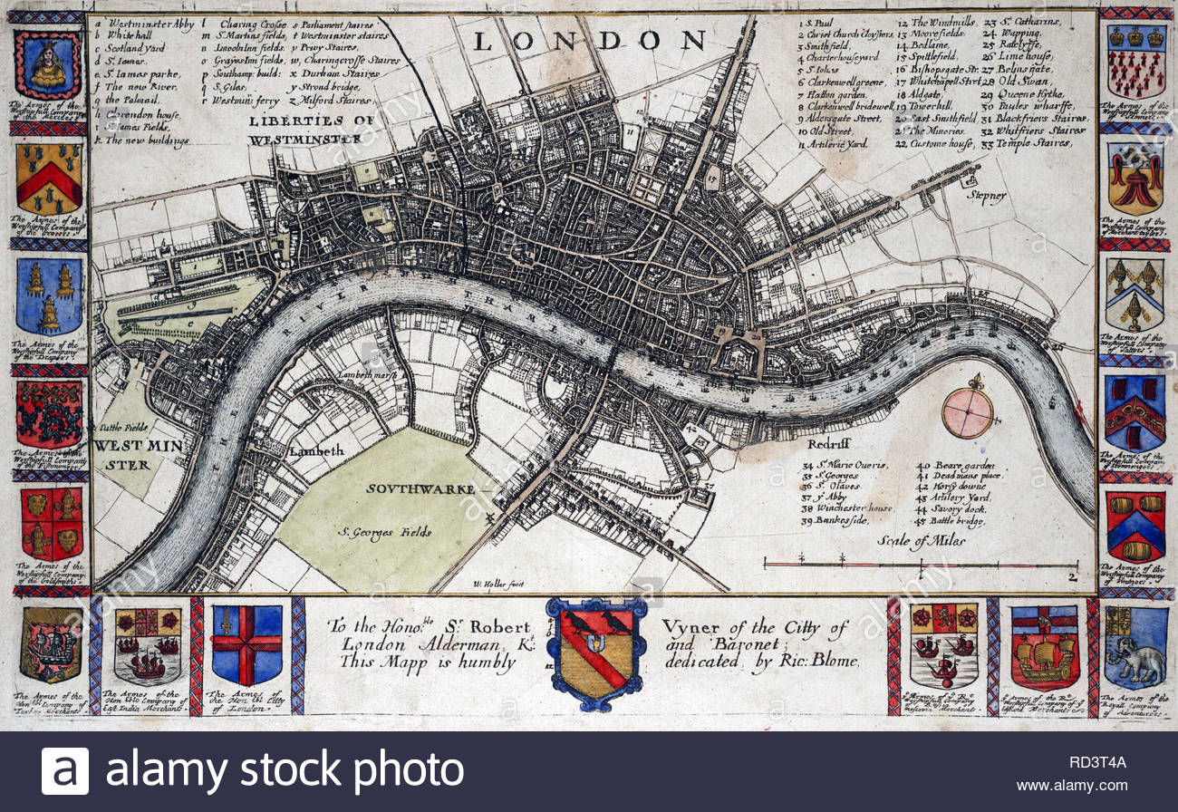 Plan de Londres avant le grand incendie de 1666, gravure par Wenceslaus Hollar aquafortiste bohème à partir de 1600 Banque D'Images