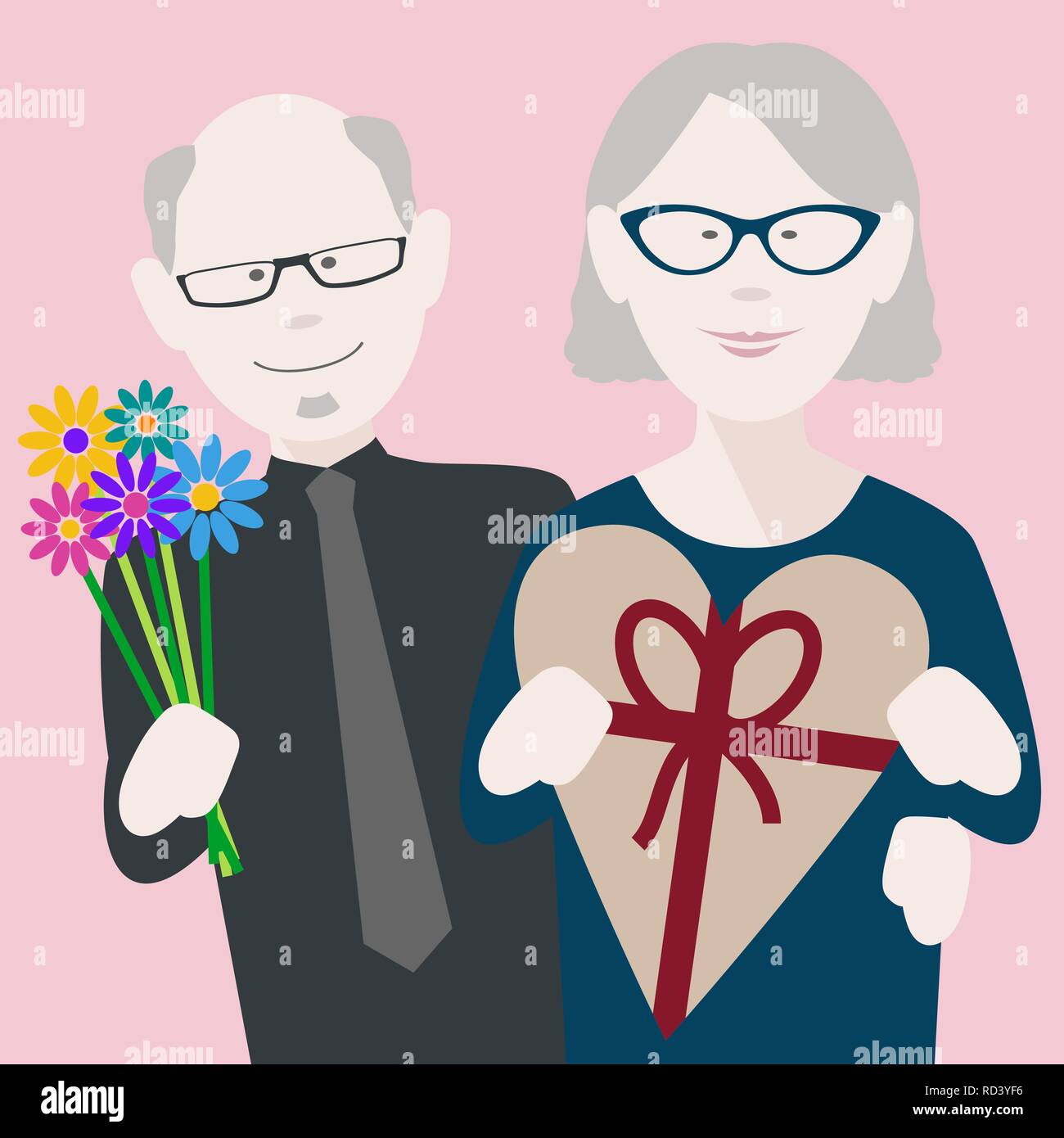 Happy senior couple in love l'échange de cadeaux sur saint Valentines Day Illustration de Vecteur