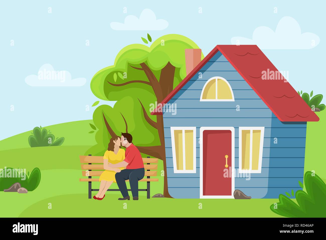 Couple aimant s'embrasser sur un banc près du village cottage. Télévision vector illustration. Paysage de campagne. Illustration de Vecteur