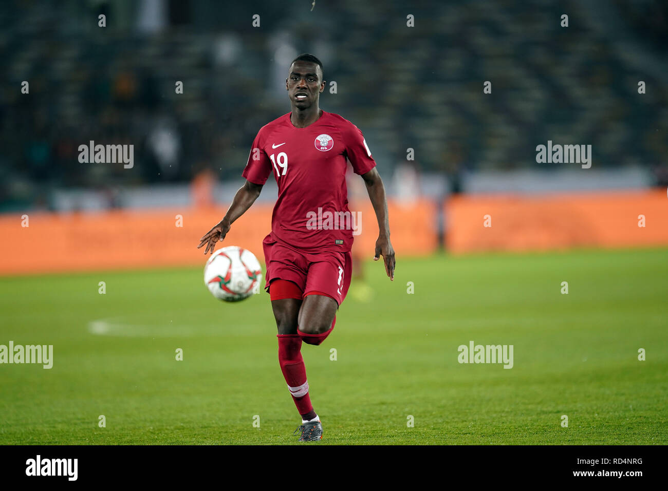 17 janvier 2019 : Almoez Ali du Qatar au cours de l'Arabie saoudite Qatar v au Zayed Sports City Stadium à Abu Dhabi, Émirats arabes unis, AFC Asian Cup, championnat de football d'Asie. Ulrik Pedersen/CSM. Banque D'Images