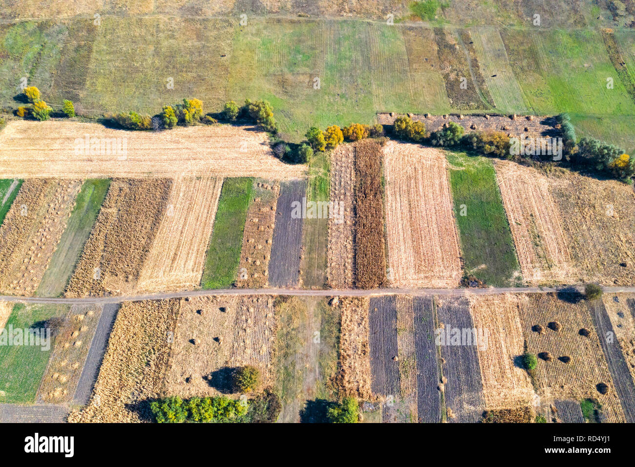 Drone view of autumn fields, la période des récoltes. Banque D'Images