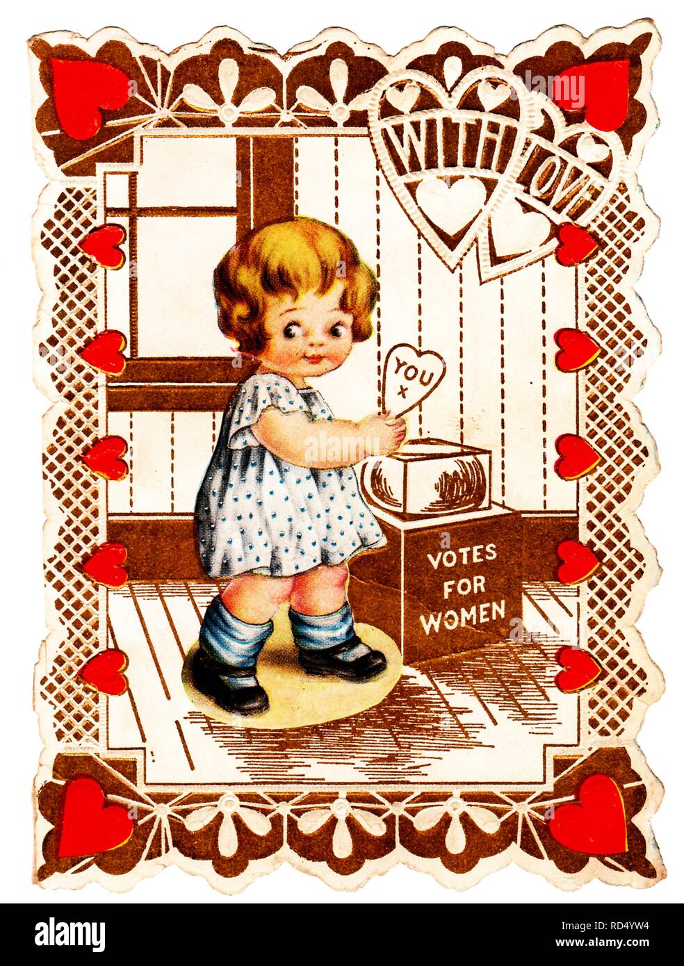 L'ère du suffrage, carte de Saint-valentin die-cut, représentant une petite fille, vêtue d'une robe bleu et blanc, mettant la valentine avec le texte 'vous ' x, dans une boîte de scrutin portant la mention "vote des femmes, ' avec une bordure de motif coeur rouge et blanc dentelle, 1900. () Banque D'Images