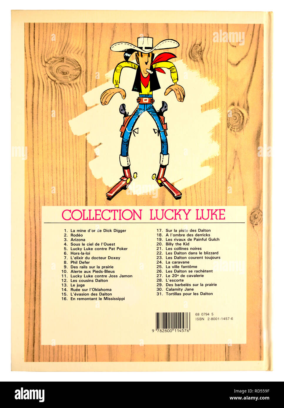 Bande dessinée Lucky Luke - couverture arrière montrant les titres disponibles Banque D'Images