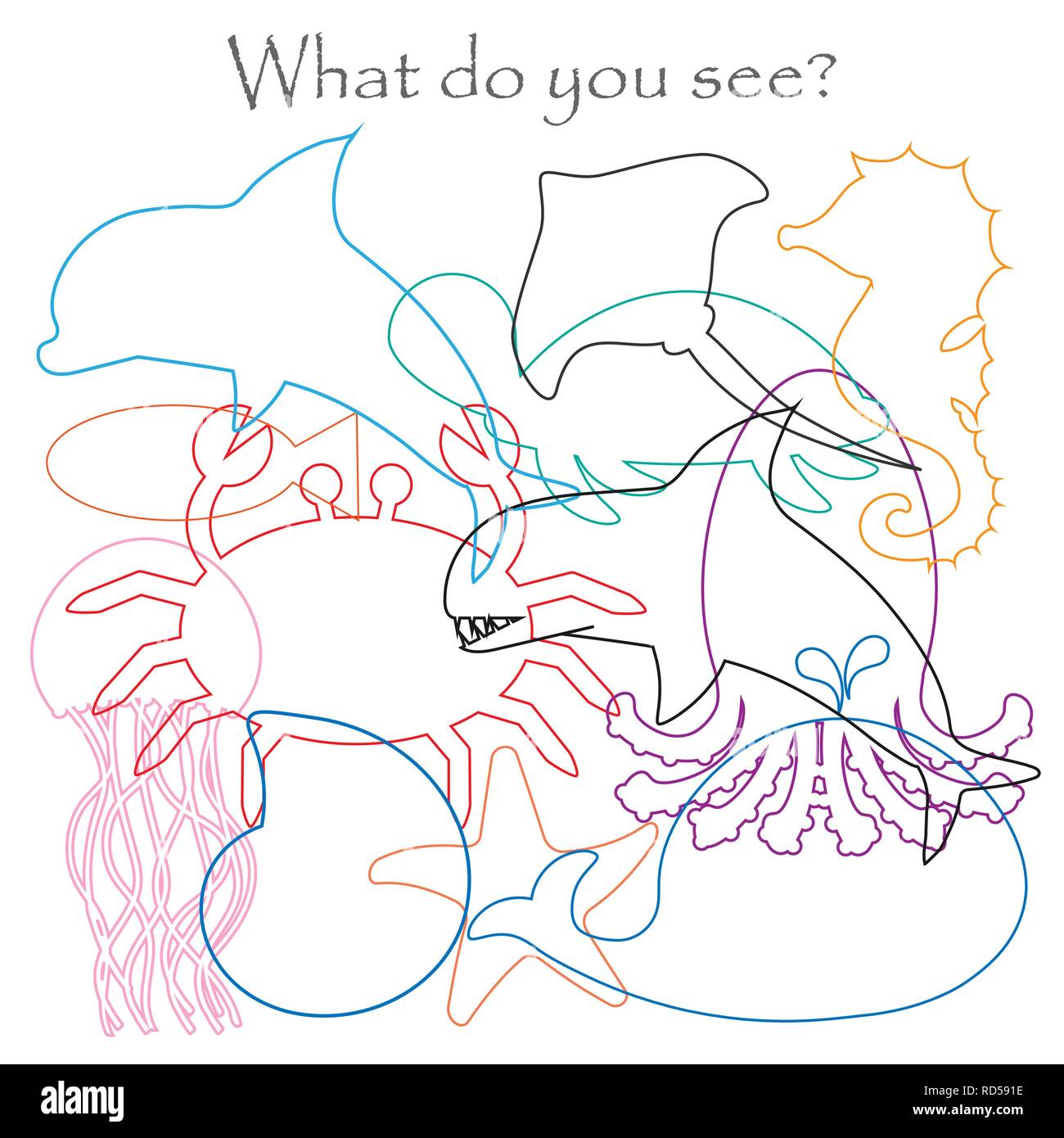 Trouvez des objets cachés sur l'image, thème animaux de l'océan, contour, fun jeu méli-mélo de jeu pour les enfants de l'éducation préscolaire, activité pour enfants, vector Illustration de Vecteur