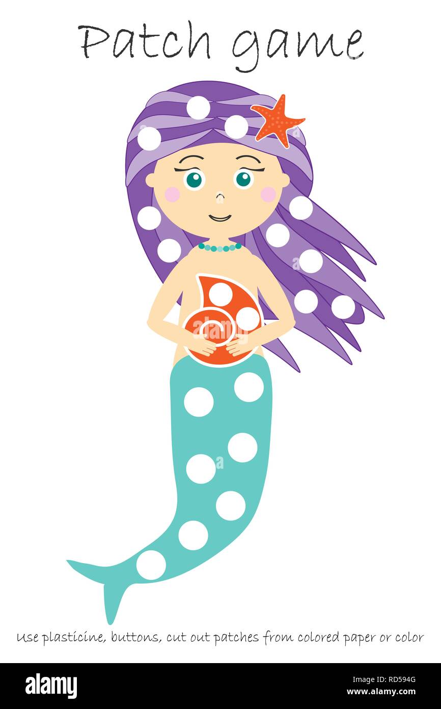 Le jeu mermaid Patch l'éducation pour les enfants de développer des habiletés motrices, utiliser la pâte à modeler des correctifs, des boutons, du papier de couleur ou de la couleur de la page, kids preschool ac Illustration de Vecteur