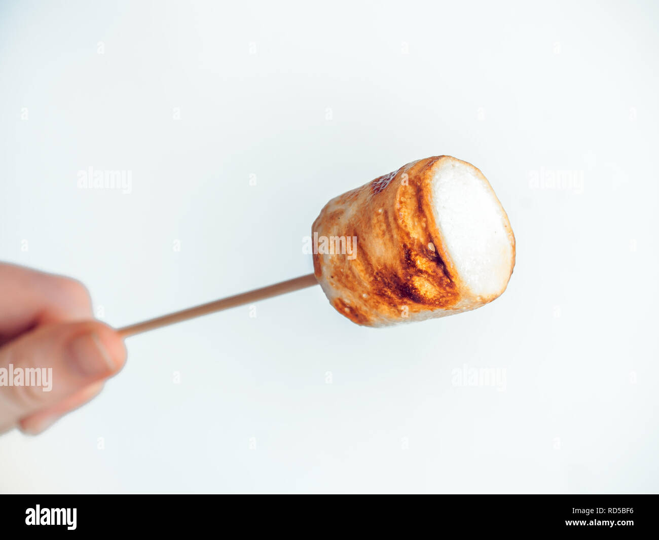 Guimauves grillées sur une brochette à la main féminine sur fond blanc. Banque D'Images