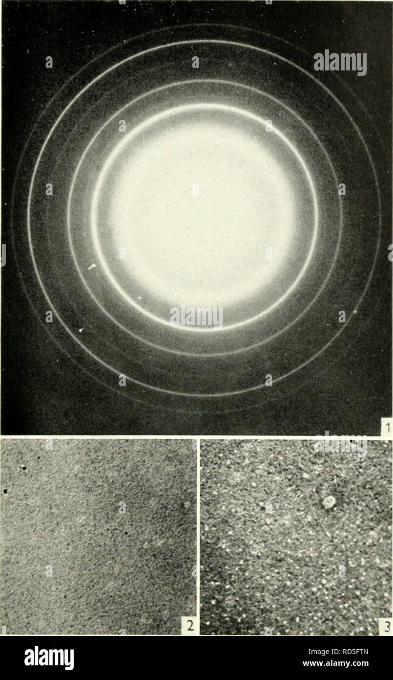 . La microscopie électronique ; actes de la Conférence de Stockholm, septembre, 1956. La microscopie électronique. Identification des minéraux dans les poussières de mine 353. Fig. 1. Diffraction de PbTe couche. Fig. 2. Couche PbTe exposés à faisceau d'électrons intense pendant 10 à 20 secondes. 6000 Agrandissement. Fig. 3. Couche PbTe exposés à faisceau d'électrons intense de plus de 20 secondes. 6800 Agrandissement. anneaux de la structure type NaCl, dont l'intensité est déterminée par la différence de l'atome de facteurs. Ainsi, un réseau cristallin du genre proposé montre une diiTraction d'électrons correspondant à modèle cubique simple Banque D'Images