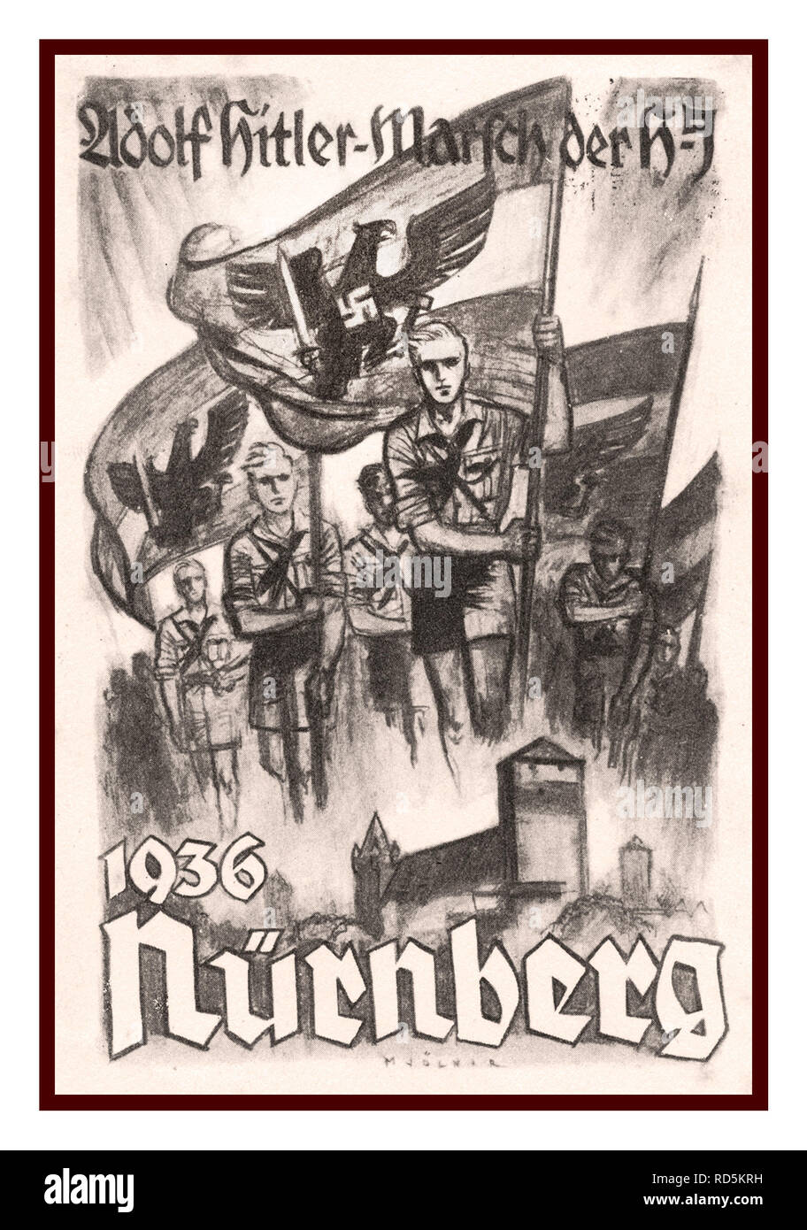 Vintage 1936 Nuremberg Nazi Pancarte avec Hitleriennes portant des drapeaux à croix gammée dans l'ensemble de l'aigle allemand Banque D'Images