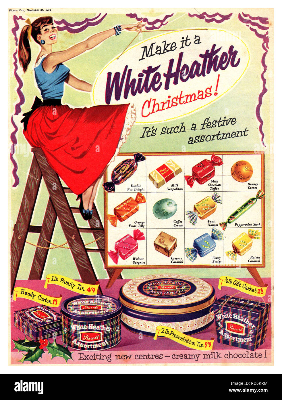 WHITE HEATHER ASSORTIMENT Vintage press publicité 'PHOTO POST' pour Noël 1956 les boîtes de bonbons confiserie chocolat y compris une présentation de deux livres au prix de l'étain 9/9 sd € décimal pré Banque D'Images