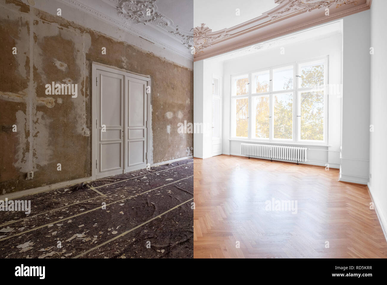 Concept rénovation - chambre à l'appartement avant et après travaux de rénovation. murs plâtrés et peints, les portes en bois blanc et de parquet en chêne Banque D'Images