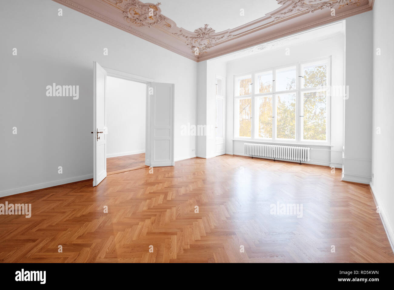 Salle vide, luxueux appartement / appartement dans immeuble ancien avec plancher en bois et stuc Banque D'Images