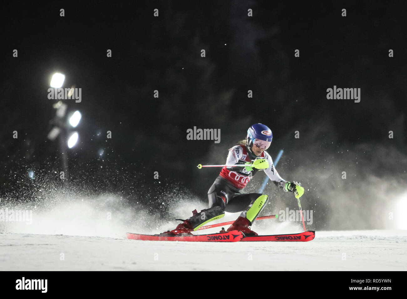 Zagreb, Croatie - 5 janvier 2019 : Mikaela Shiffrin de Usa fait concurrence au cours de l'AUDI FIS Alpine Ski World Cup Slalom Femmes, Snow Queen Trophy 2019 Banque D'Images