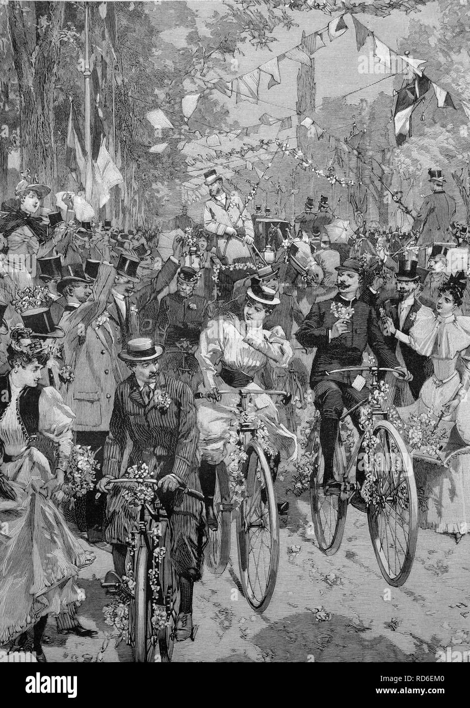 L'avenue Acacia en Bois de Boulogne pendant la fête des fleurs, près de Paris, France, illustration historique vers 1893 Banque D'Images