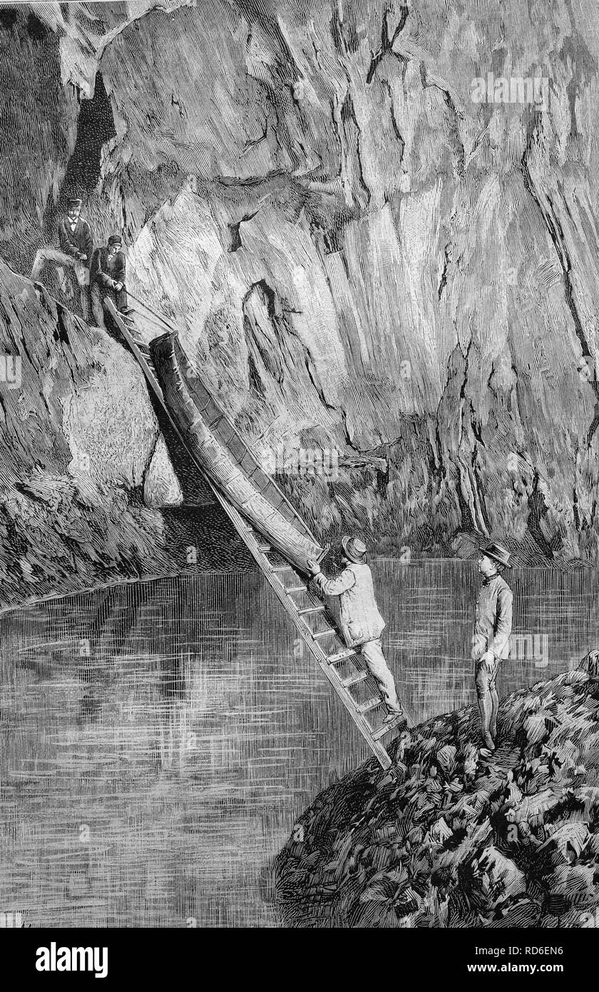 La spéléologie dans le sud de la France, le transport de la voile sur un lac souterrain, illustration historique vers 1893 Banque D'Images