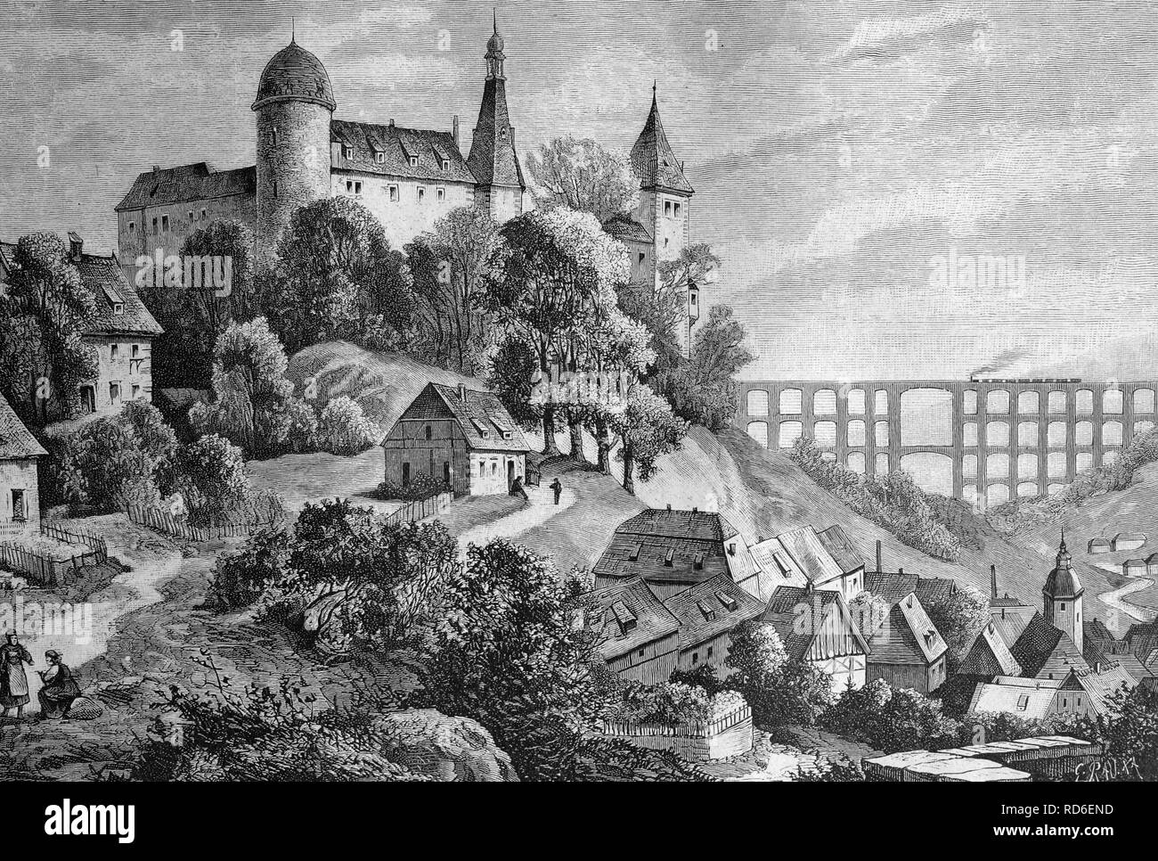Burg Mylau château et le pont de Goeltztalbruecke dans le Vogtland saxon, Saxe, Allemagne, illustration historique vers 1893 Banque D'Images