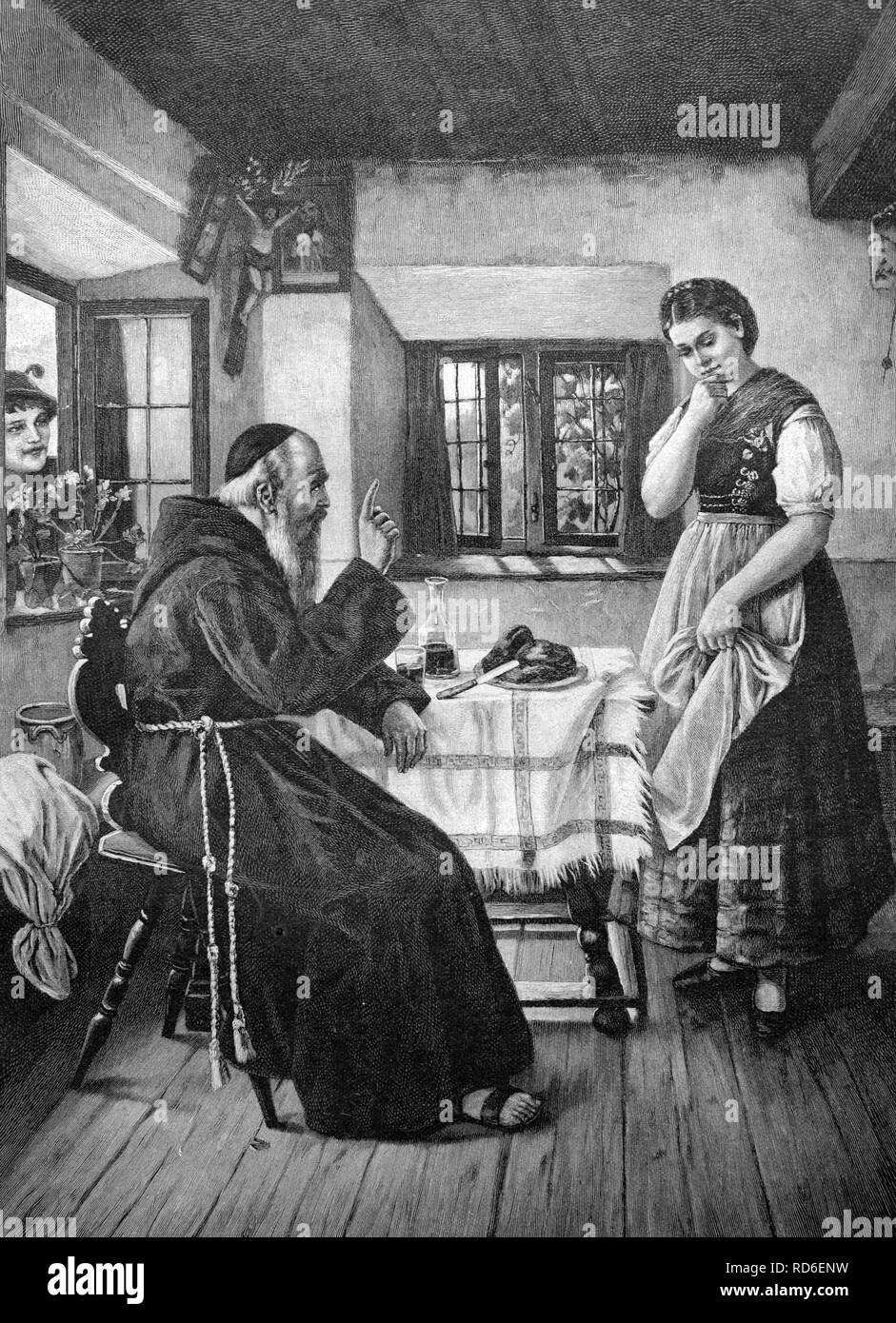 Enseignement prêtre jeune femme dans la ferme, illustration historique vers 1893 Banque D'Images