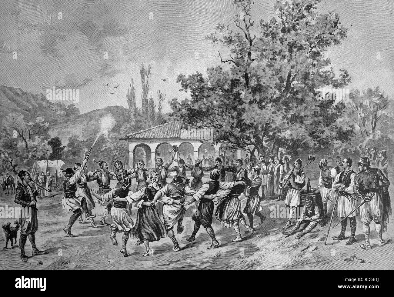 En face d'une partie village inn en Serbie, illustration historique vers 1893 Banque D'Images