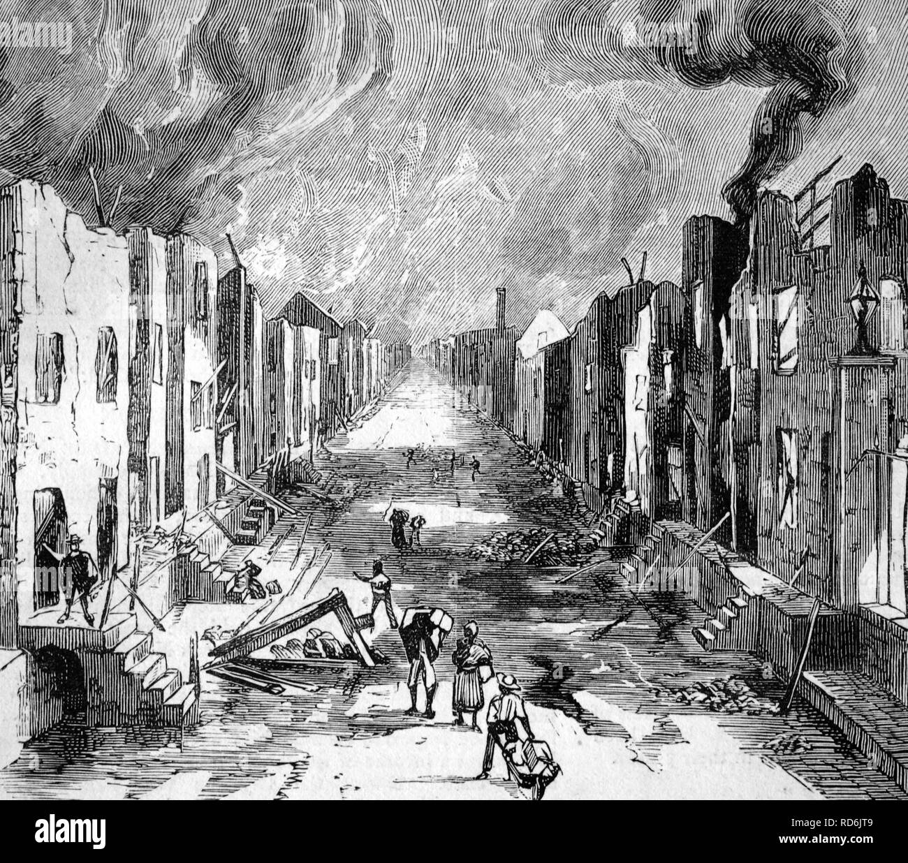 L'incendie catastrophique à Kingston, Jamaïque, en 1883, Orange Street après l'incendie, de droit historique, 1883 Banque D'Images