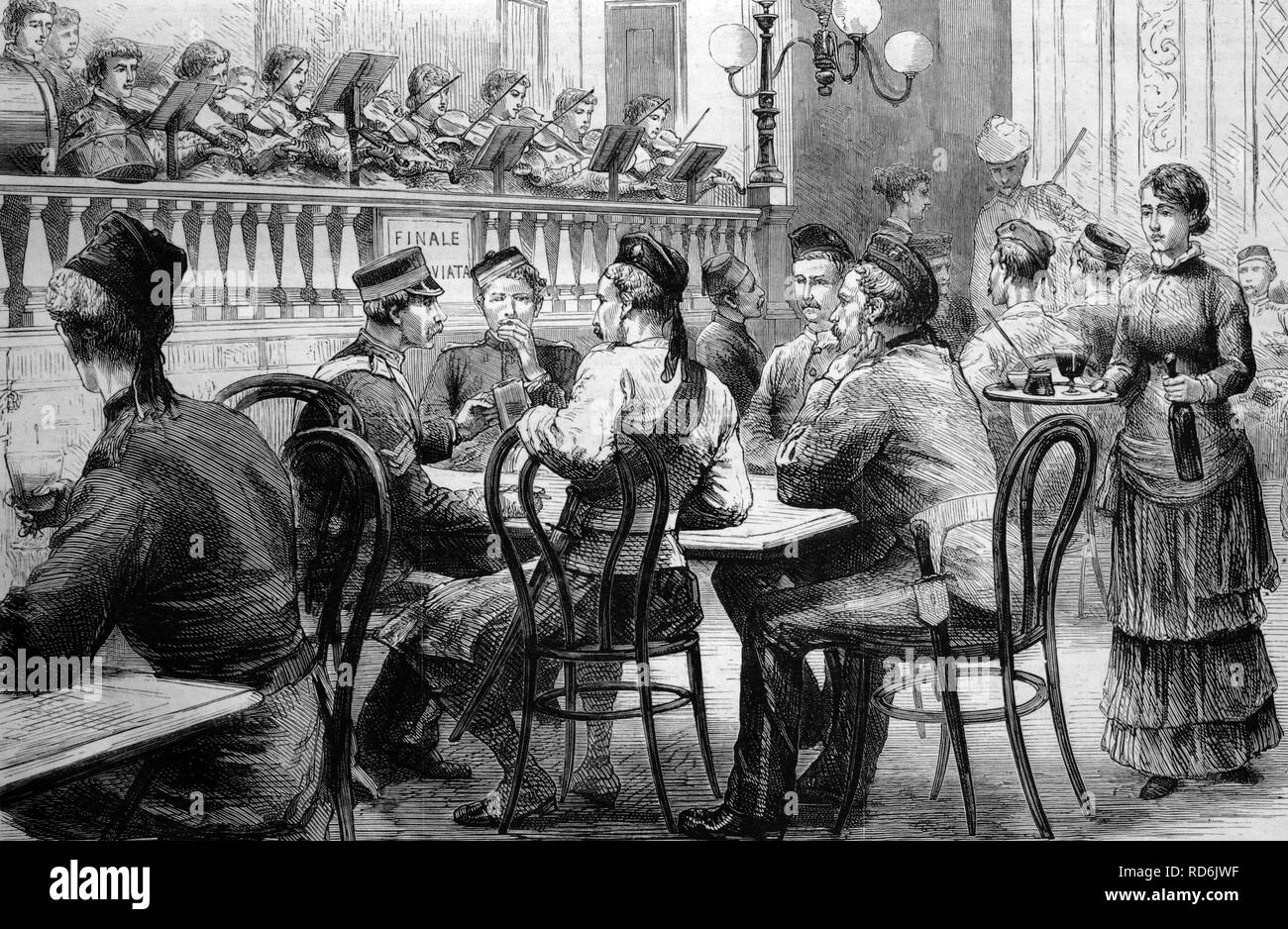 L'Egypte après la fin de la guerre en 1883, les loisirs dans un restaurant local, illustration historique, 1884 Banque D'Images