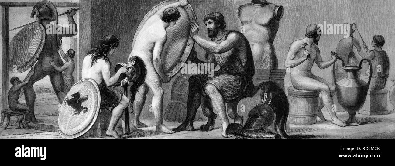 La vie dans la Grèce antique, à partir de la gauche : atelier de fonderie, armuriers, poterie, illustration historique Banque D'Images