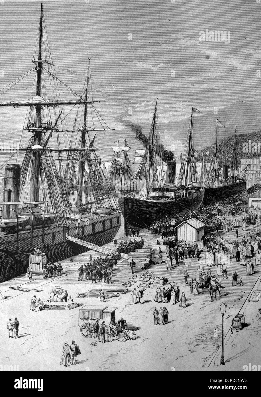 Les troupes françaises débarquent dans le port de Bona, l'Algérie, l'Afrique, l'illustration historique, vers 1886 Banque D'Images