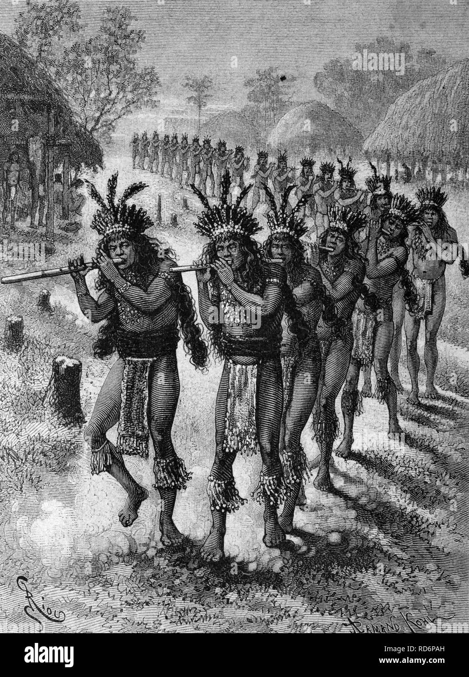 La danse de l'Rouconyenne Tule, les Amérindiens en Amérique du Sud, l'illustration du historique, vers 1886 Banque D'Images