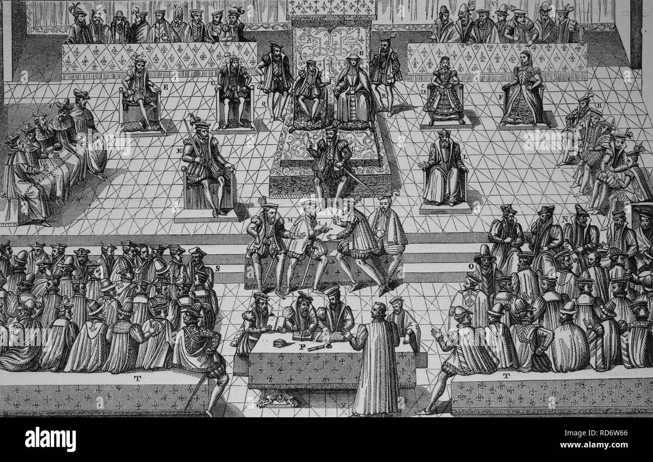 Assemblée générale des nobles, Livre de Discipline, Paris, France, janvier 1561, gravure sur bois de 1880 Banque D'Images