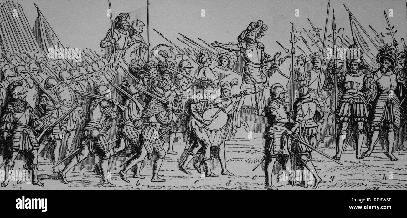 Les troupes françaises du Moyen Age : arquebusiers, gendarmes, vassaux, drum majors et hallebardes, gravure sur bois de 1880 Banque D'Images