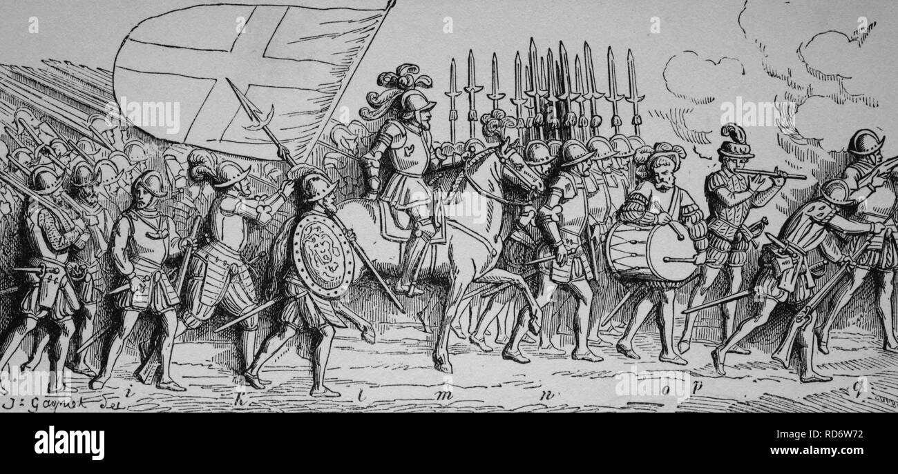 Mercenaires attaquer, Moyen-Âge, gravure sur bois de 1880 Banque D'Images