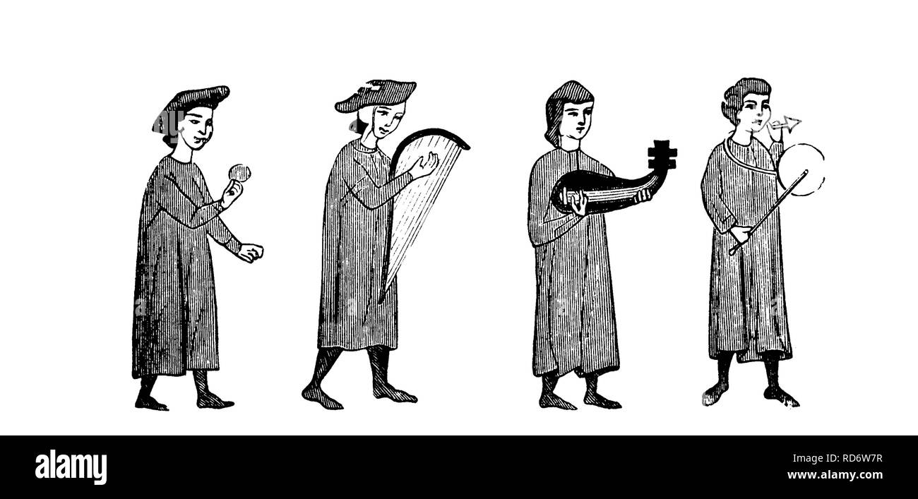 Troubadours et ménestrels, gravure sur bois de 1880 Banque D'Images Troubadours et ménestrels, gravure sur bois de 1880 Banque D'Images