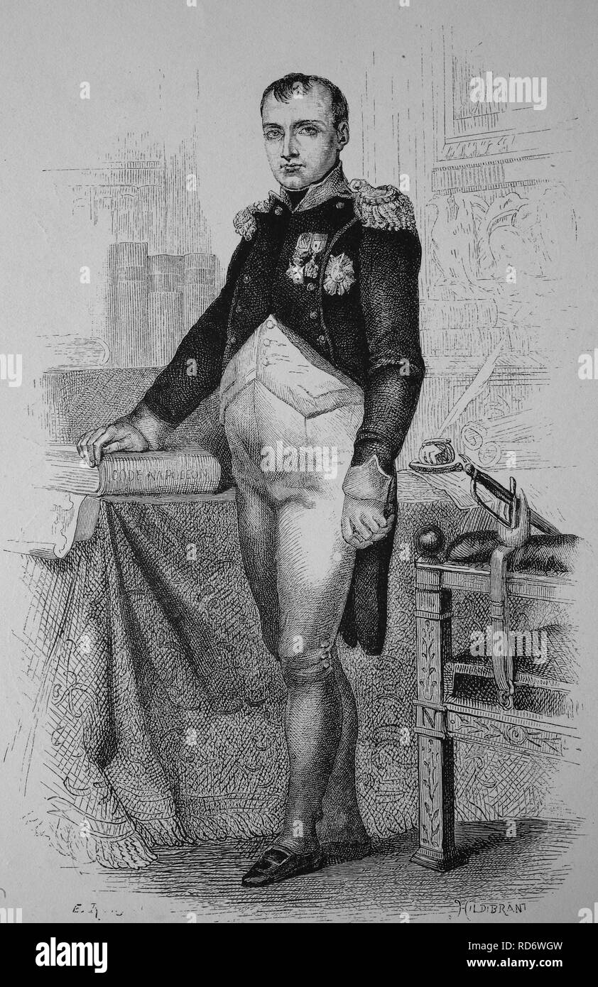 Napoléon Ier, Napoléon Bonaparte, 1769 - 1821, l'empereur français, gravure sur bois de 1880 Banque D'Images