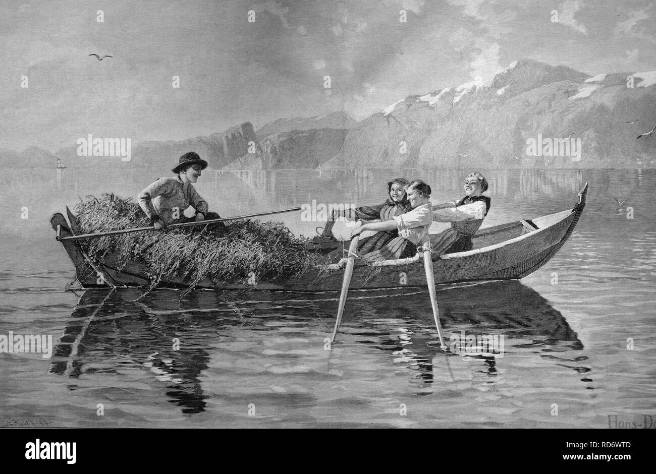 Trajet en bateau avec de l'herbe récoltée, gravure sur bois, circa 1871 Banque D'Images