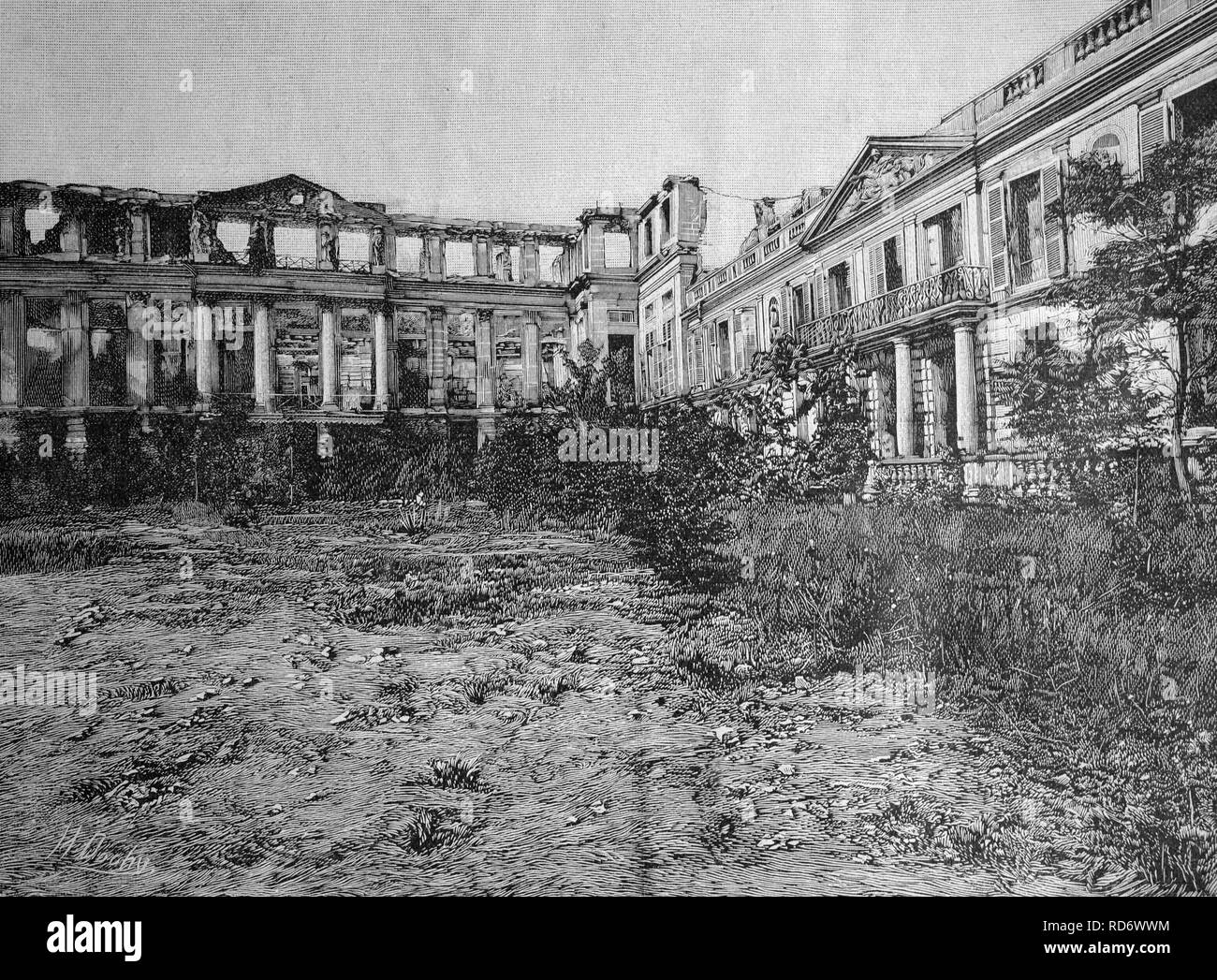 Les ruines du château de Saint-Cloud, brûlé sur 13.10.1870 dans la guerre prusso-, Paris, France, circa 1871 gravure sur bois Banque D'Images