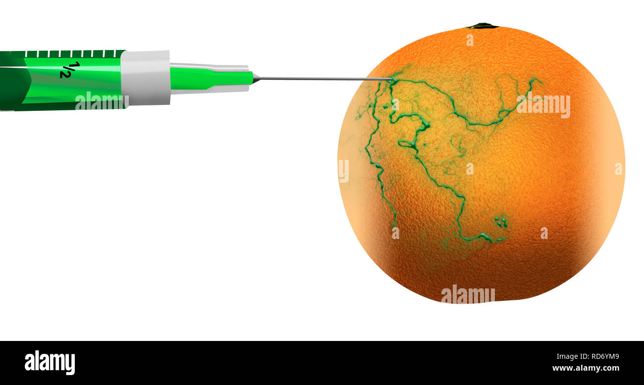 L'idée d'organismes génétiquement et chimiquement modifiés et des plantes est illustrée avec des seringues d'injection et de la modification de la couleur d'agrumes. Ce Banque D'Images