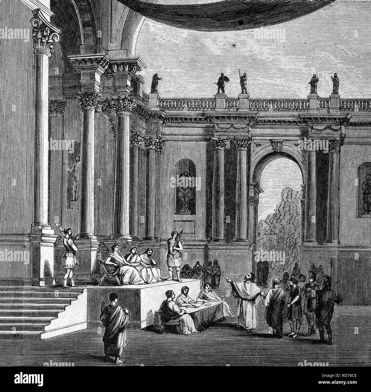 Salle de Justice dans l'ancienne Rome, l'Italie, l'illustration historique, vers 1886 Banque D'Images