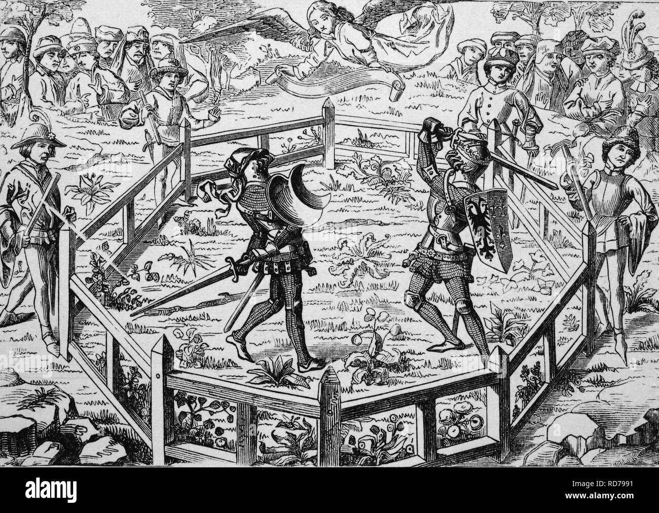 La lutte contre les chevaliers au Moyen-Âge, gravure sur bois, 1870 historique Banque D'Images