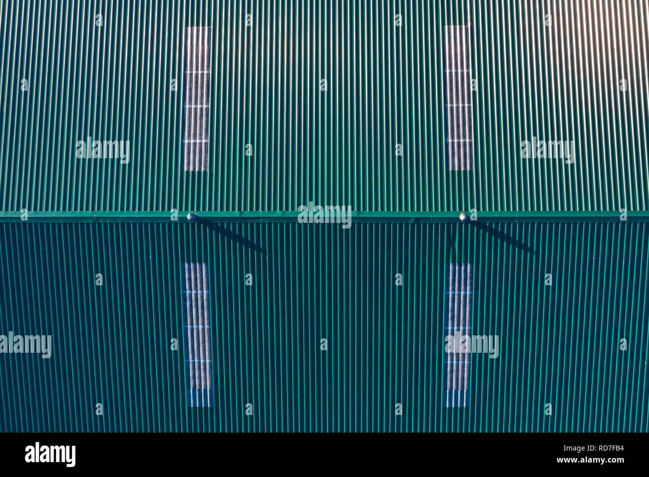 Une vue aérienne directement au-dessus de l'étonnant 'Dehesa Extremeña' avec un abri moderne entrepôt avec toit en tôle. Un incroyable motif texturé Banque D'Images