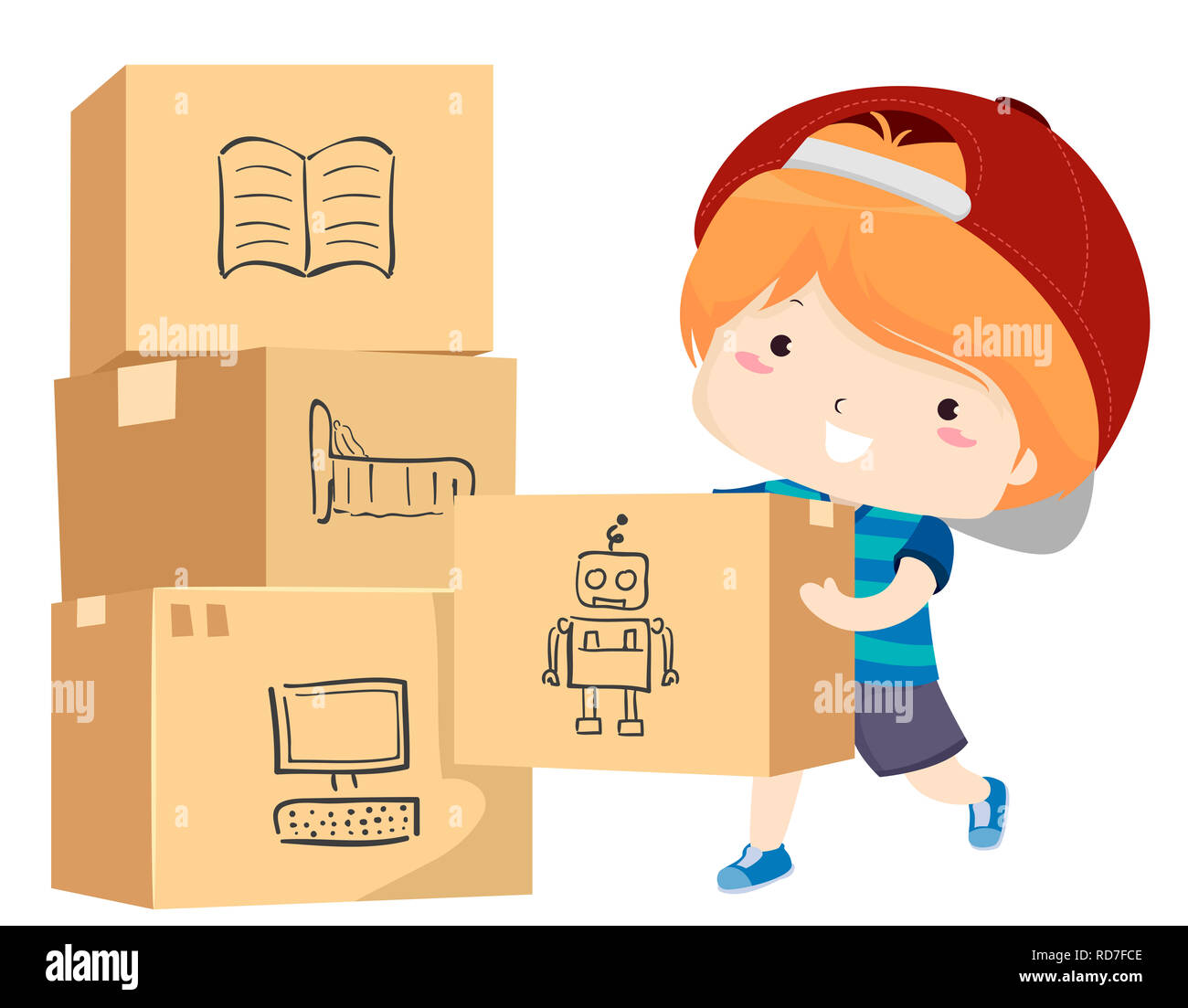 Illustration d'un enfant garçon Déménagement cartons pleins de ses choses  avec des étiquettes telles que livres, chambre, jouets et ordinateur pour  déménagement Photo Stock - Alamy