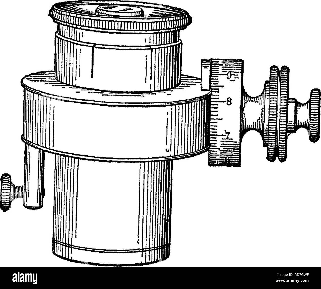 . Bactériologie et mycologie d'aliments. L'alimentation. 35 MICROMETRY équivalent à un tour de la vis qui le déplace. Ce système a des avantages importants, en particulier dans les mesures de grands objets. Contrairement à l'filar micromètre, il ne nécessite pas le déménagement de l'index sur toute la longueur de l'objet, comme une fraction d'une rotation de la vis est tout ce qui est nécessaire. " L'échelle est de 5 mm. de long et est divisé en vingt espaces ; chaque millimètre est marqué par une ligne de longueur double. Comme la vis est faite avec un pas de J mm., un tour de la vis se déplace l'échelle i mm., ou Banque D'Images