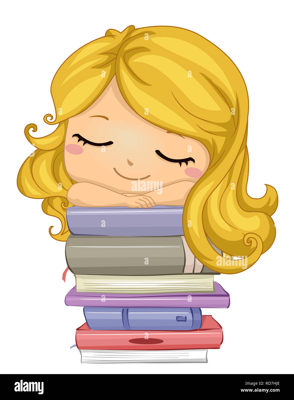 Illustration d'un Kid Girl Sleeping au sommet d'une pile de livres Banque D'Images