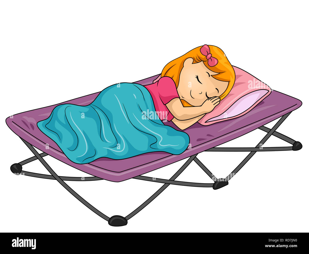 Illustration d'un enfant fille dormir dans un lit de camping pliant avec oreiller et couverture Banque D'Images