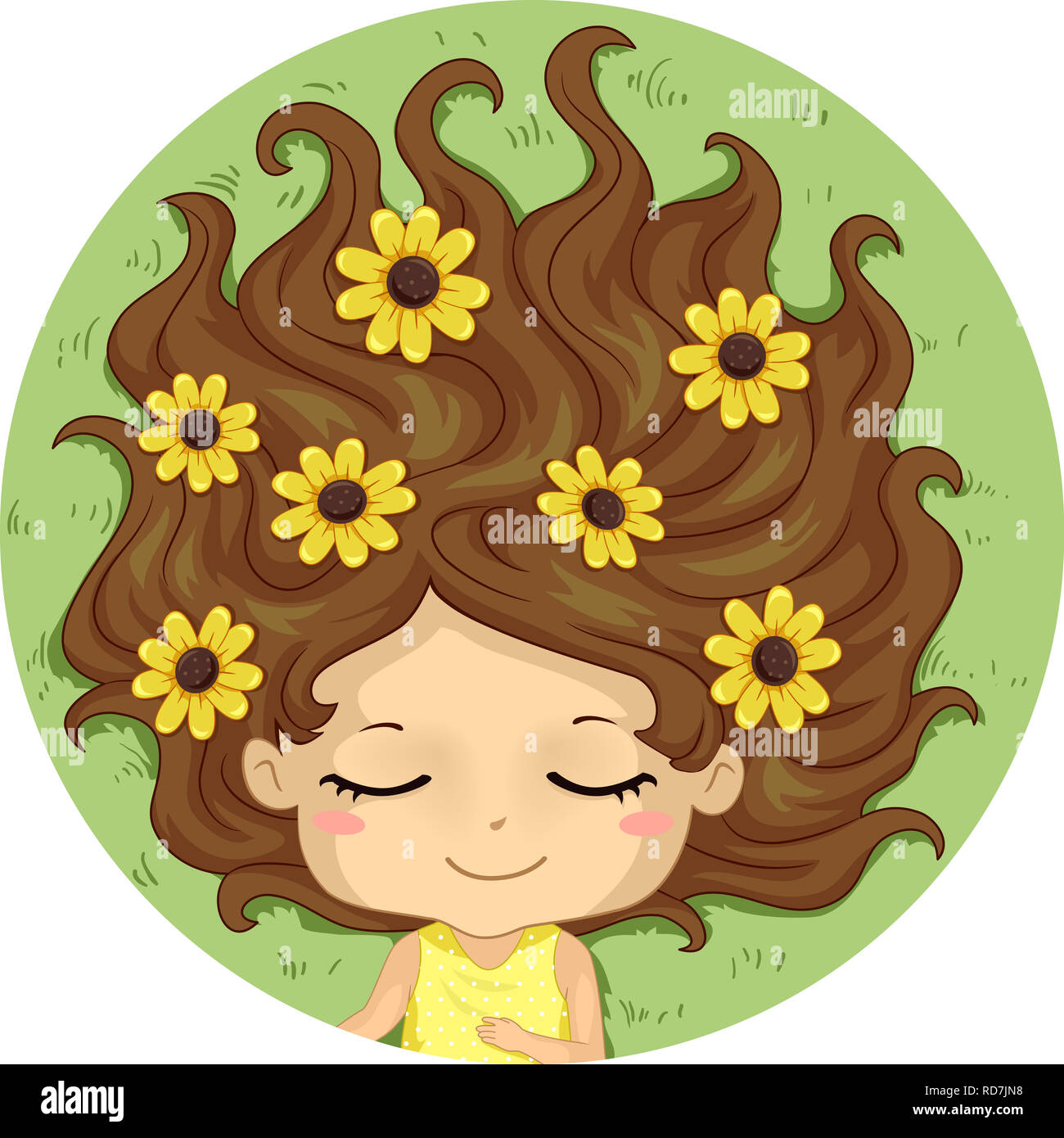 Illustration d'un enfant fille dormir dans le champ de fleur avec des fleurs jaunes tombé sur les cheveux Banque D'Images