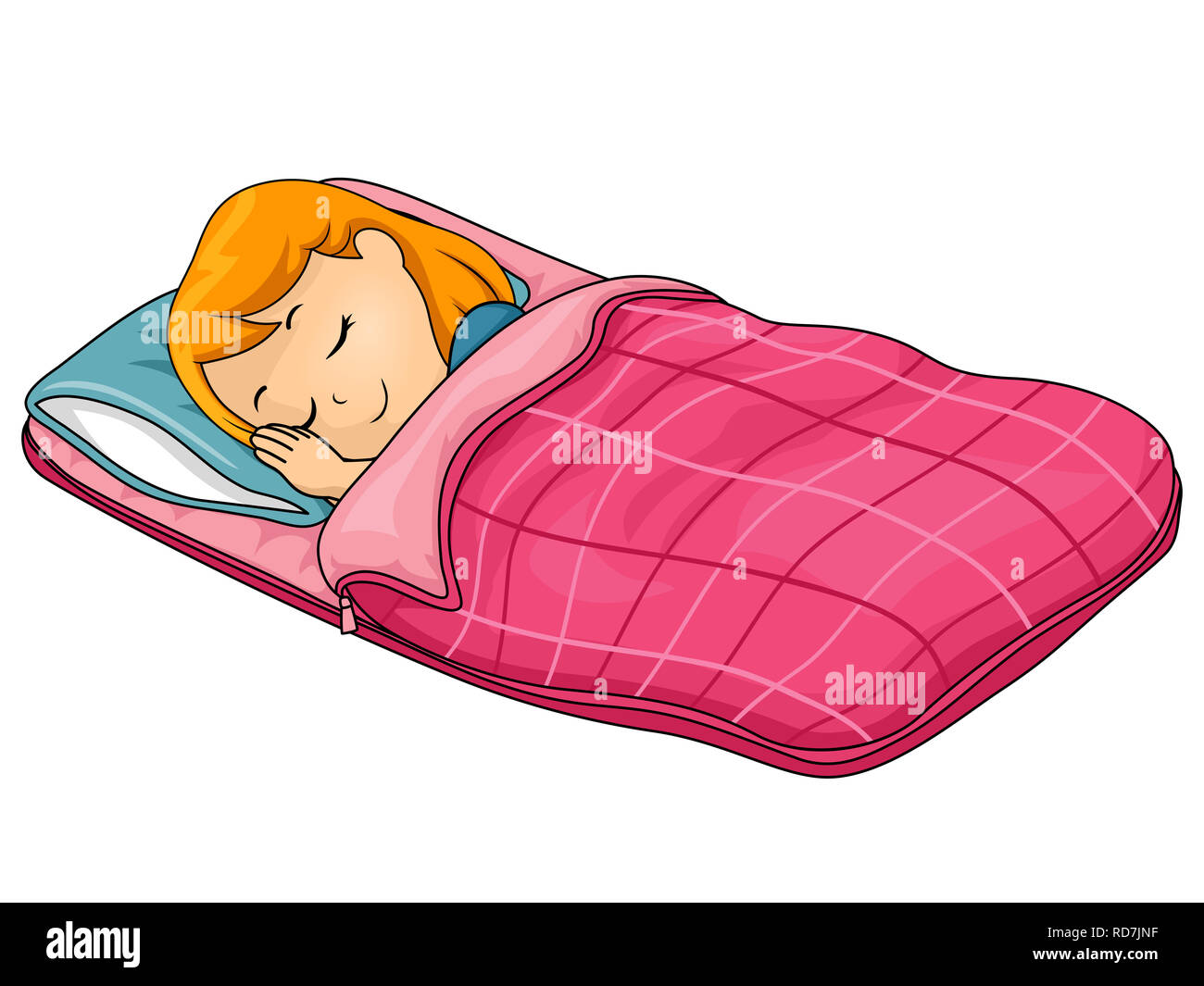 Illustration d'un enfant fille dormir dans un sac de couchage avec oreiller Banque D'Images