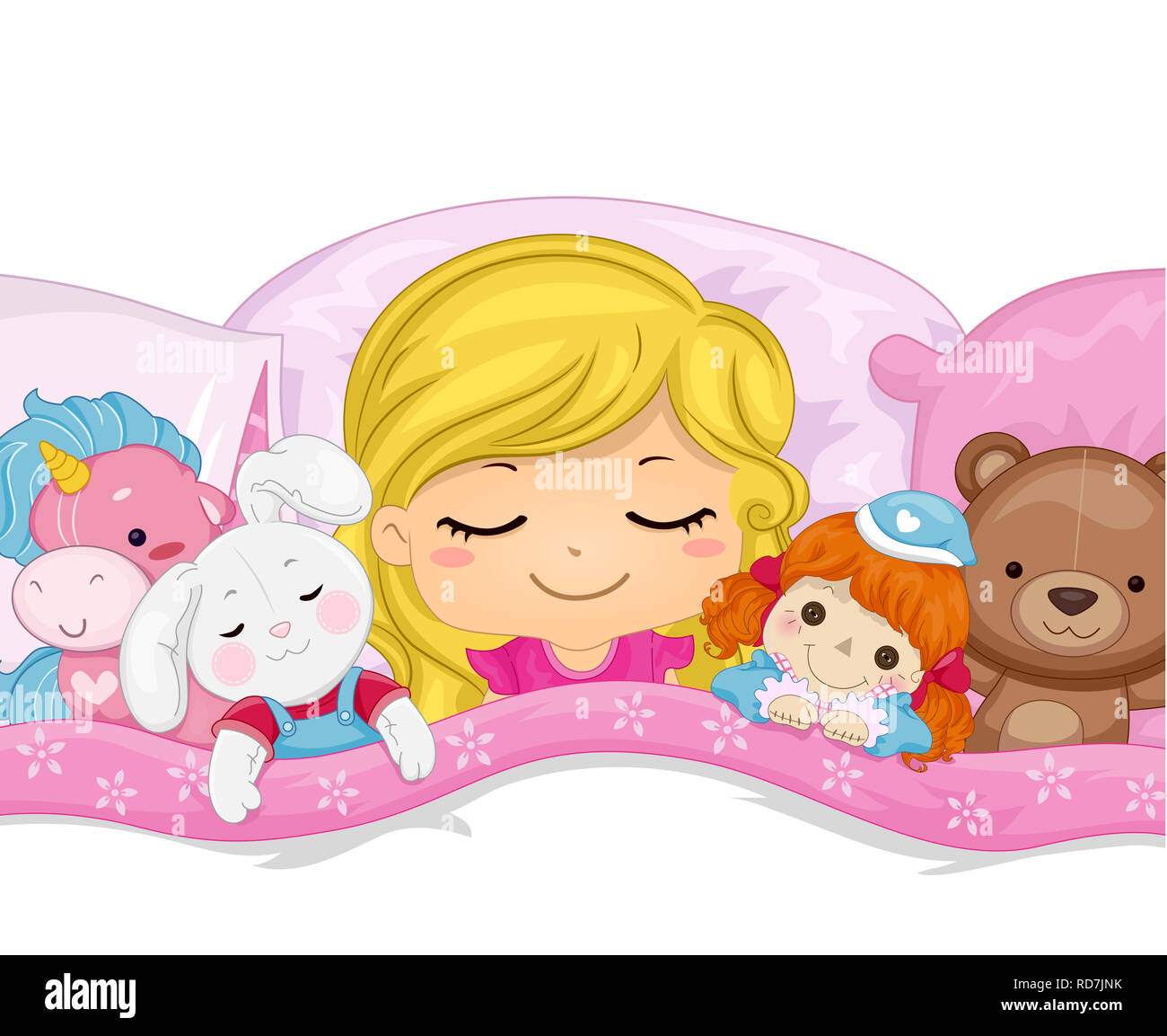 Illustration d'un Kid Girl Sleeping in Bed plein de jouets en peluche moelleux de licorne, lapin, poupée d'Ours Banque D'Images