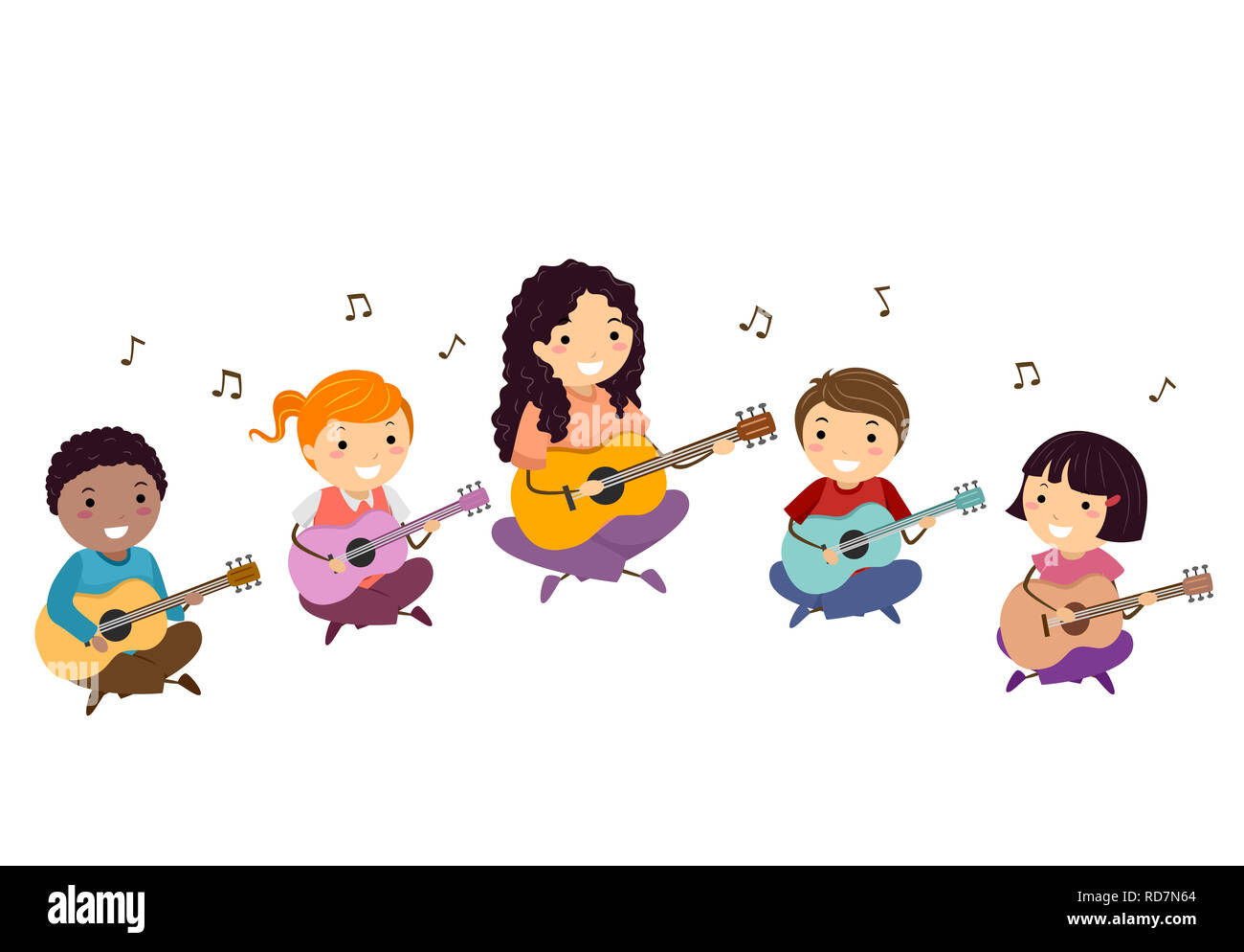 Illustration de Stickman Kids avec l'enseignant à jouer de la guitare avec les notes de musique flottant autour Banque D'Images