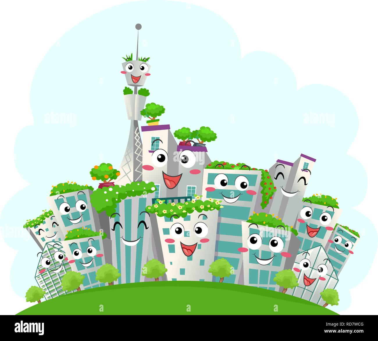 Illustration de courte et bâtiment Grand mascottes avec des arbres et des plantes. Les bâtiments écologiques dans la ville Banque D'Images