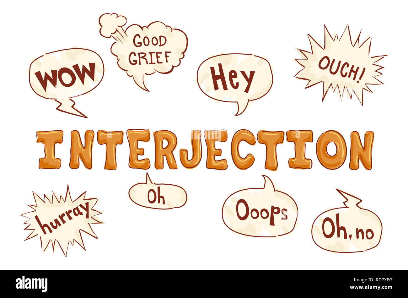 Illustration d'interjections de l'échantillon pour l'anglais en classe Speech Bubbles Banque D'Images