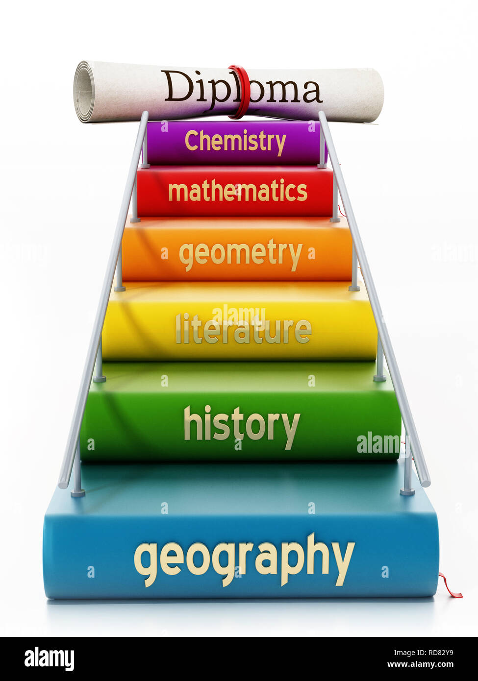 Les livres de cours de l'école formant un escalier par un diplôme. 3D illustration. Banque D'Images