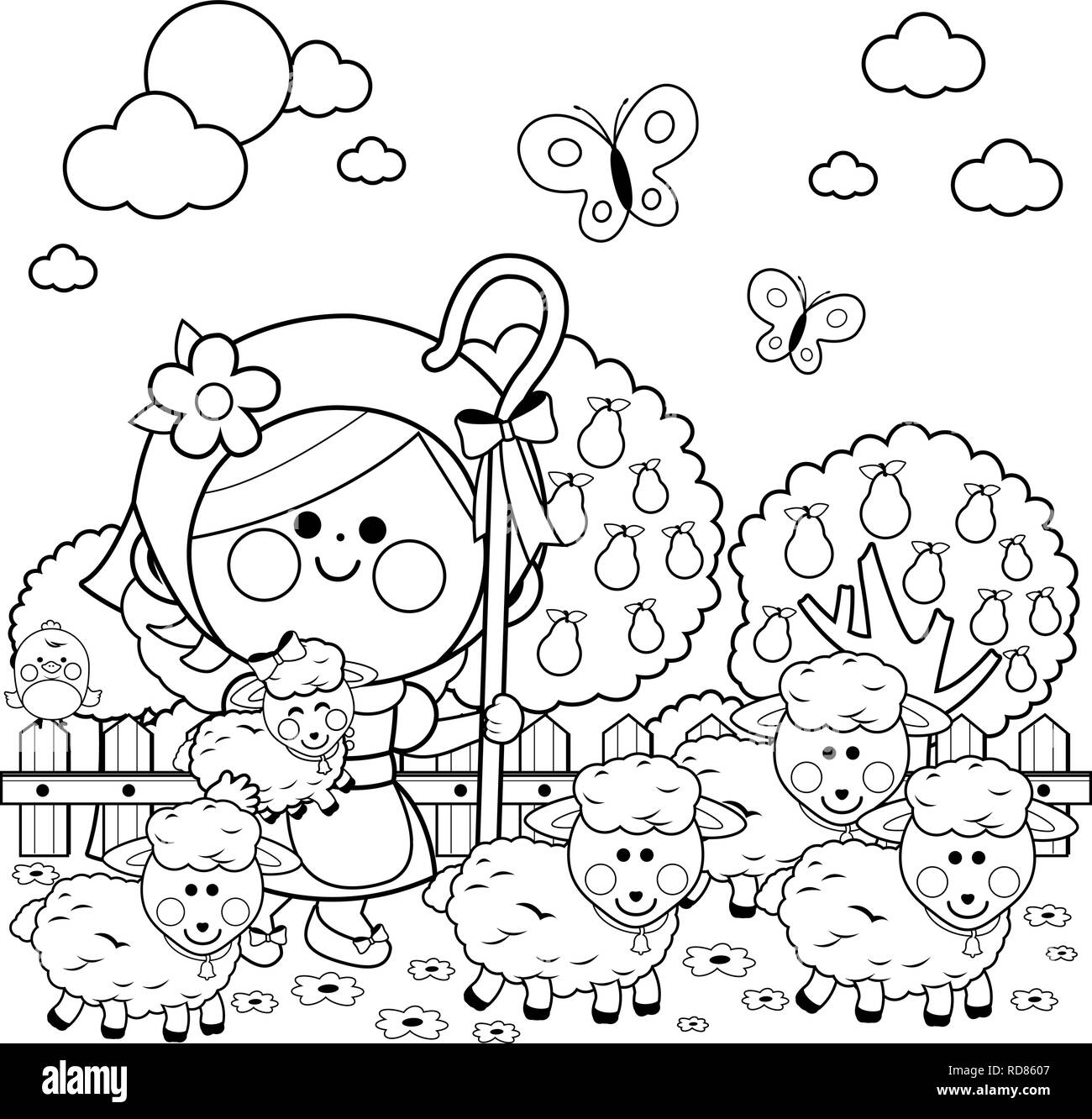 Fille bergère et moutons à la ferme. Livre de coloriage noir et blanc la page Illustration de Vecteur